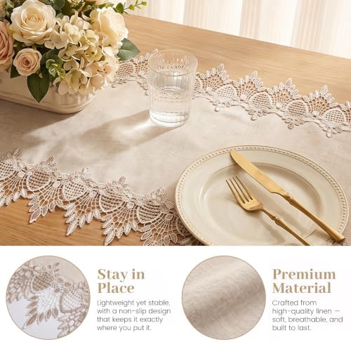 Beige Lace Coffee Table Runners 36 inches Neutral Linen Table Runner