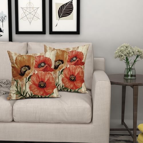 Vintage Red and Orange Floral Throw Pillow Covers 18x18 Inch Set of 2