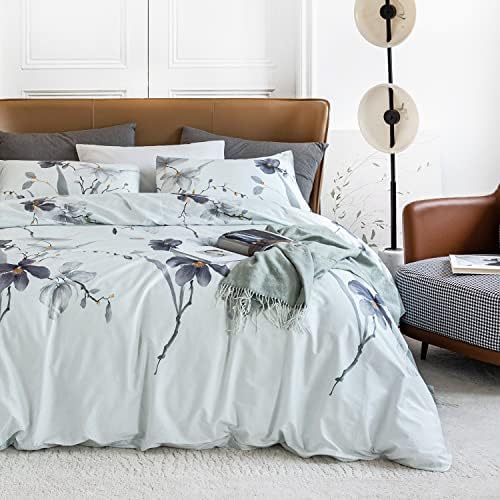 YuHeGuoJi Light Blue Floral Duvet Cover Queen 100% Egyptian Cotton
