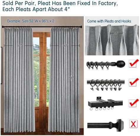 LETAU Grey Curtains 108 inches Long, Pinch Pleated 100% Privacy