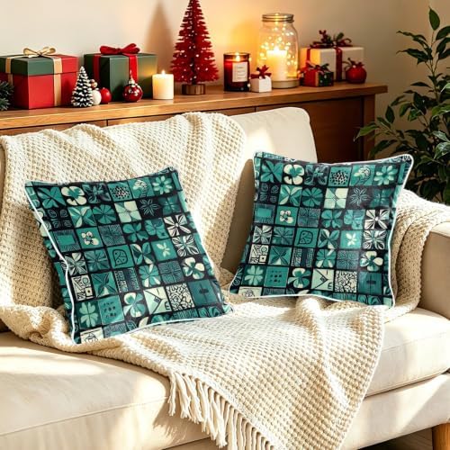 Tiles Floral Teal Throw Pillow Covers 20x20 Inch, 2-Pack Couch Pillow