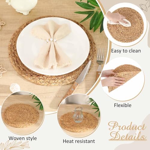 50 Set 12 Inch Round Woven Placemats with Pearl & Rhinestone Napkin