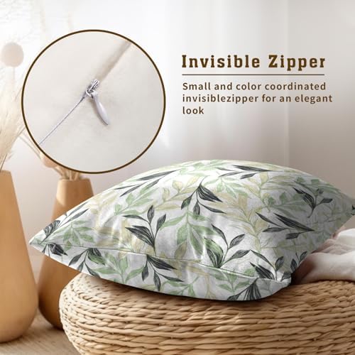 Spring Sage Green and Cream Leaf Pillowcovers 18X18 Inch Green and