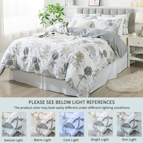 FADFAY Floral Duvet Cover Sets Queen Size 100% Cotton Ink Grey Vintage