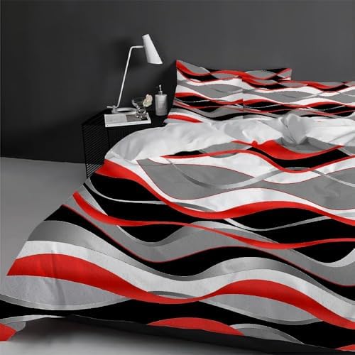 Geometric Stripe Duvet Cover Set King, 3 Pieces Black Gray Red Waves