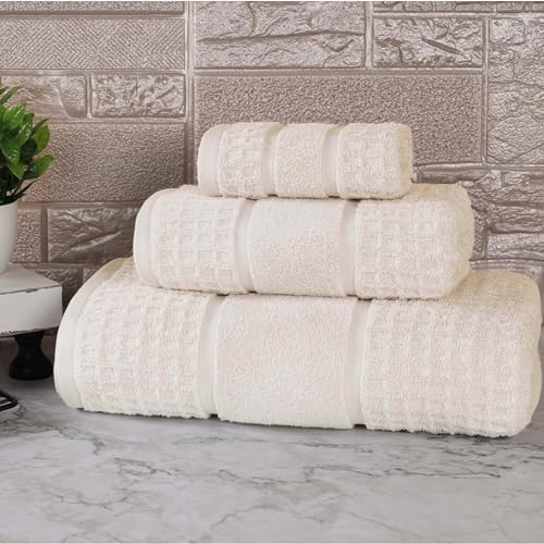 SUPERIOR Cotton 3-Piece Towel Set, Zero Twist, Waffle Border, Bathroom