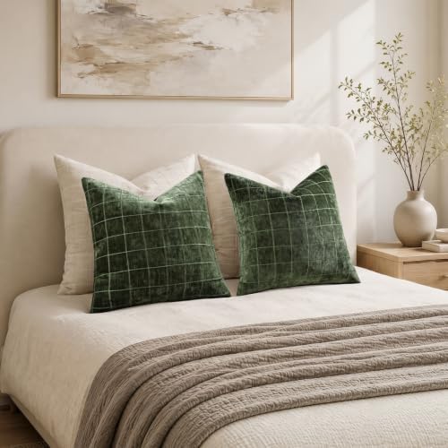 decorUhome Fall Plaid Olive Green Throw Pillow Covers 22x22 Set of 2