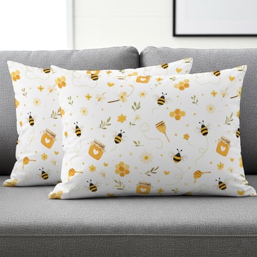 Farmhouse Bees Pillow Covers 12x20IN Set of 2 Cotton Linen Reversible