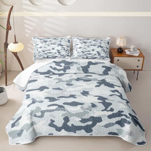 Manfei Grey Camouflage Quilt Set Minimalist Camo Quilt Bedding Kids