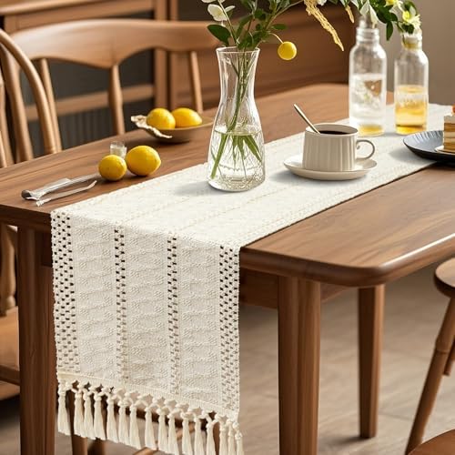 OTOSTAR Boho Table Runner Ivory Macrame Table Runners with Tassels