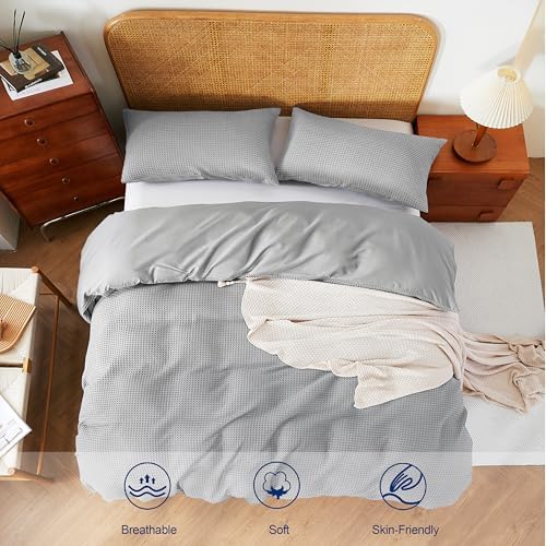 3Pcs 100% Egyptian Cotton Waffle Duvet Cover Set Queen 90 x 90, Gray
