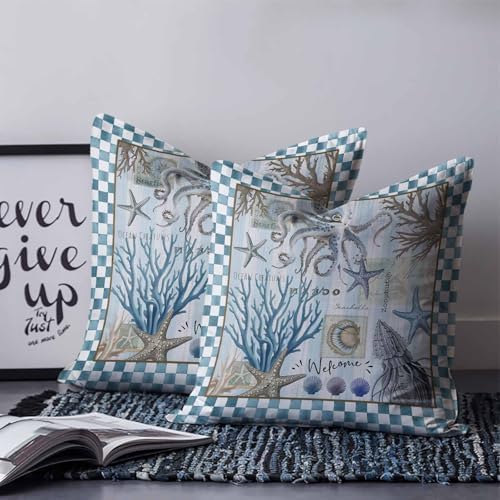 20x20 Pillow Covers Set of 2, Blue Beach Coastal Throw Pillow Covers