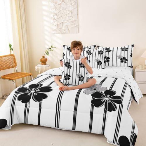 Manfei Stripe Flower Kids Comforter Queen Size,Geometric Line Floral