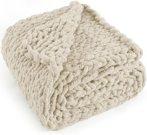 Chunky Knit Throw Blanket 50x60, 100% Handmade Chenille Yarn