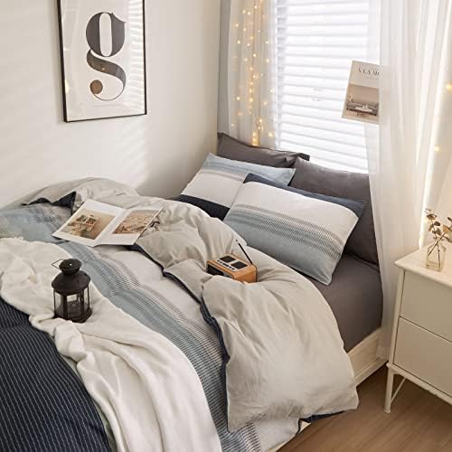 LifeTB Cotton Twin XL Duvet Cover Gray Blue White Striped Duvet Cover