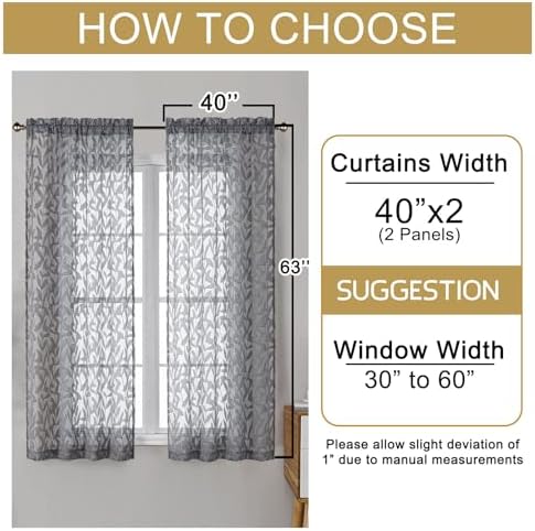 OWENIE Leyna 2 Panels Charcoal Gray Sheer Curtains 63 Inch Length for