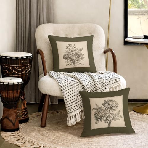 Vintage Peony Floral Pillow Covers 18x18, Antique Olive Green
