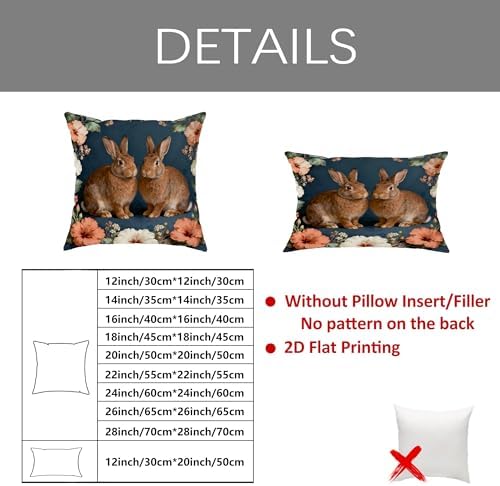 Rabbit Throw Pillow Covers Set of 2, Vintage Rustic Hibiscus Floral