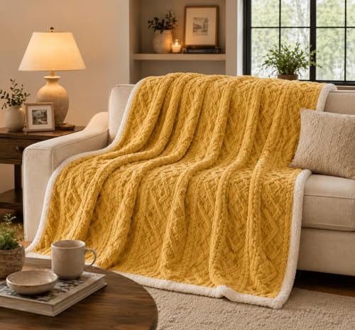 Stella & Sage Reversible Sherpa Throw Blanket, 60x80 inches, Mustard