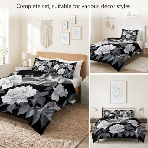King Duvet Cover Set Plant White Rose Leaves Soft Microfiber