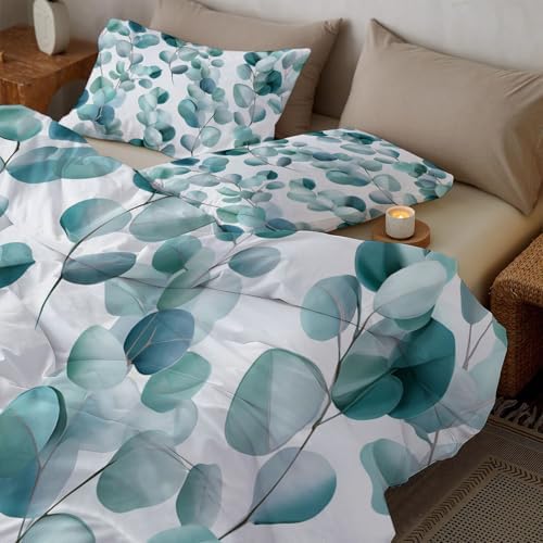 Duvet Cover Queen Size-Reversible Watercolor Eucalyptus Duvet Cover