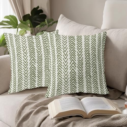 Sage Green Herringbone Pillow Covers 22x22 Inch Set of 2 Navy White