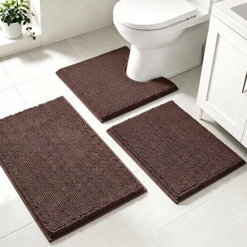 Bathroom Rugs Set Non Slip 3 Piece Bath Mat Washable Chenille Bath