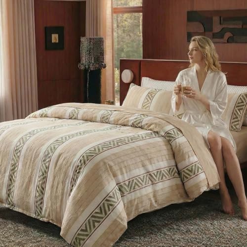 100% Cotton Tufted Duvet Cover Set Queen Size, Neutral Geometric