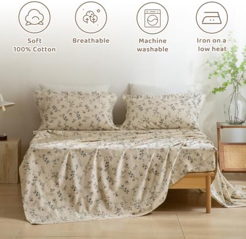 QSH 100% Cotton Sheets Set Twin Size,4PCs Floral Botanical Sprig Print