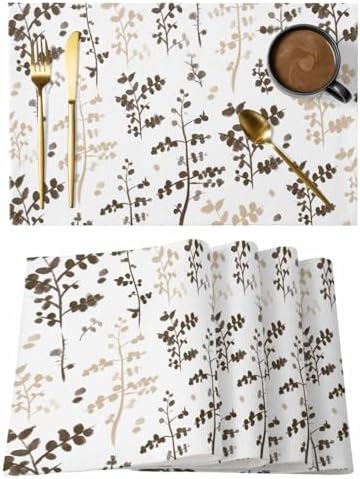 Placemats Set of 8, Brown Beige Botanical Woven Placemat, Linen Place
