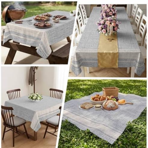 Woven Fabric Table Cloth, Rustic Vintage White Stripe Light Gray Linen