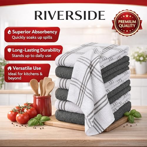 RIVERSIDE 12 Pack Large Premium Cotton Kitchen Towels 16x26 Inches