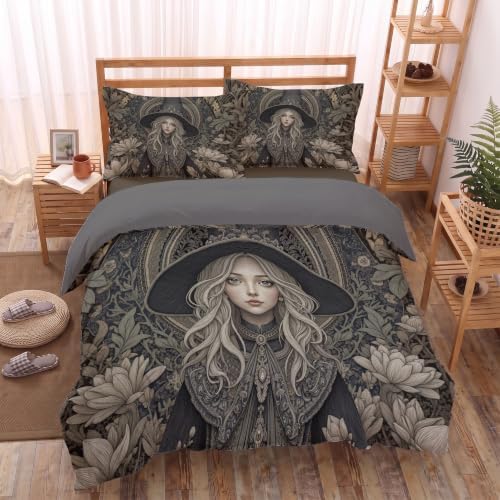 Charcoal Gray Retro Halloween Witch Duvet Cover Set For Women Girls