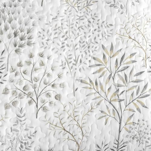 WONGS BEDDING Floral Quilt Set King, 3 Pcs White Grey Bedspread