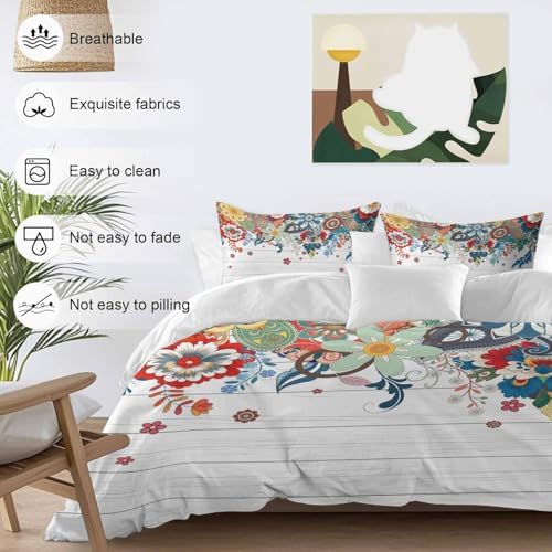 Boho Flowers Bedding Full Duvet Cover Set, 3 Piece Microfiber Soft