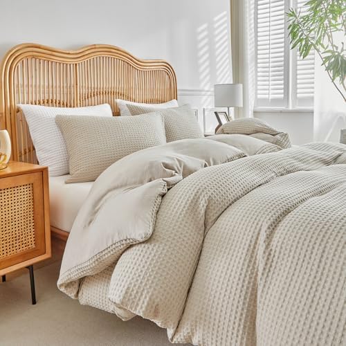 WARMDERN Waffle Weave Khaki Duvet Cover Set Twin Size, Textured
