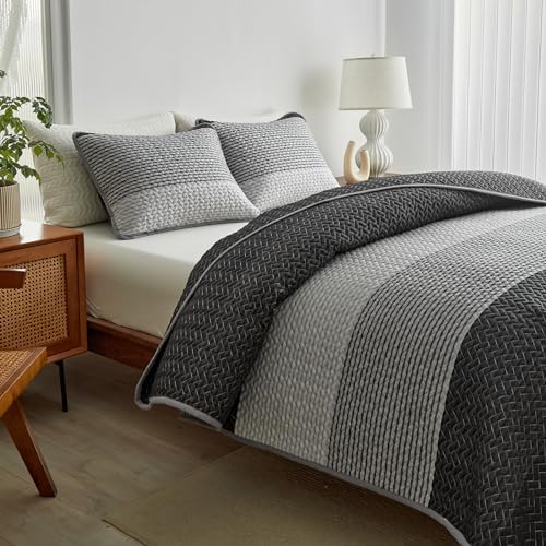 Flysheep Boho Striped Quilt Set King Size, 3 Pcs Grey and White