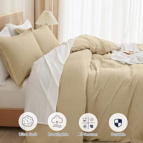 PHF Waffle Duvet Cover Queen, Ultra Soft & Breathable, 90"x90", Khaki