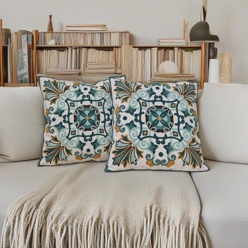 Set of 2 Embroidered Throw Pillow Covers 18x18 Inch, Boho Turquoise