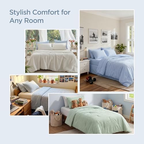 Bedsure Cooling Comforters Queen Size, White Seersucker Cool Bedding
