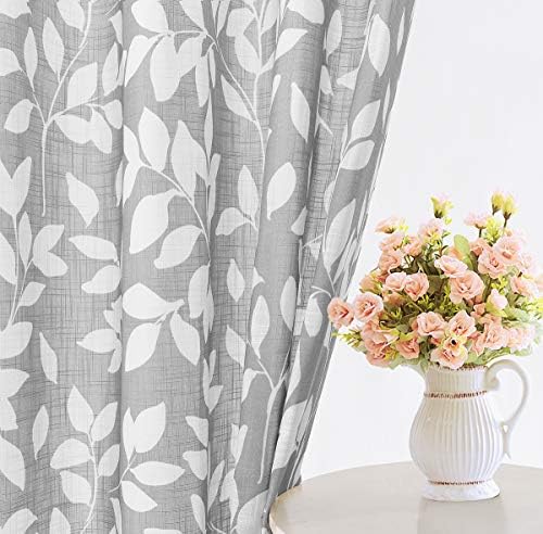 Grey Semi Sheer Leaf Curtains 52x63" Semi Sheer Panels Privacy Drapes