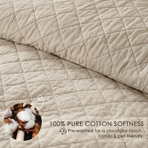 WDCOZY 100% Cotton Quilt Set, Pre-Washed, Cal King, Beige, 3 Pieces