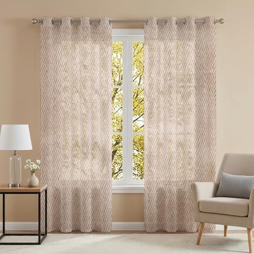 Beige Herringbone Sheer Curtains 84 Inch Long 2 Panels, Modern