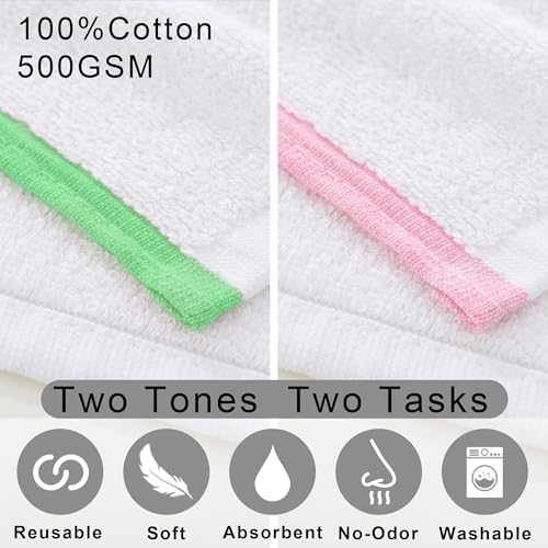 VOOVA & MOVAS White Bar Mop Towels, 12 Pack, 100% Cotton, Green Pink