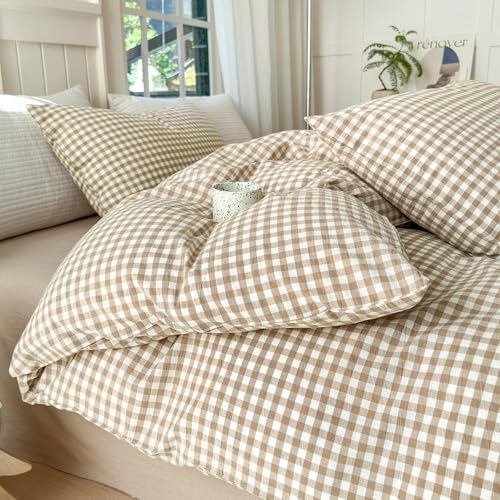 LifeTB Tan Gingham Duvet Cover Grid Bedding Set Queen, Vintage Taupe