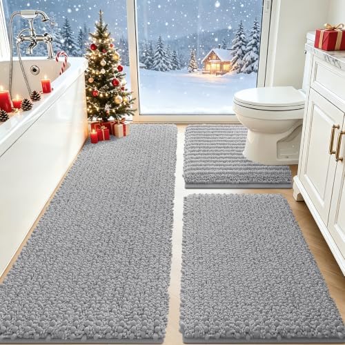 ACCUMTEK Upgrade Extra Large Light Grey Bathroom Rug Set 3 Pieces Gray