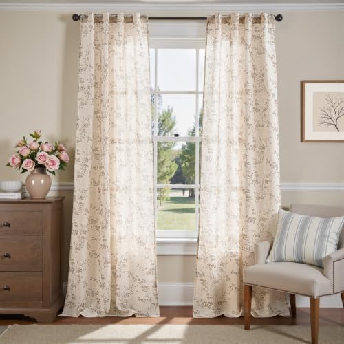 jinchan Taupe Floral Linen Curtains 108 Inch Farmhouse Back Tab 2