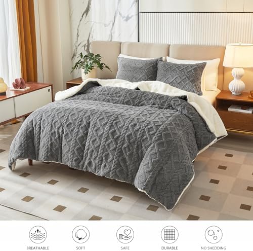 Joyreap 3-Piece Fluffy Faux Fur Sherpa Comforter Set Gray, Queen Size