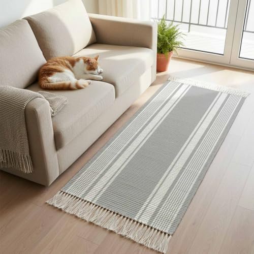 Farmhouse Grey Hallway Runner Rug 2'x5', Farmhouse Gray Line Striped