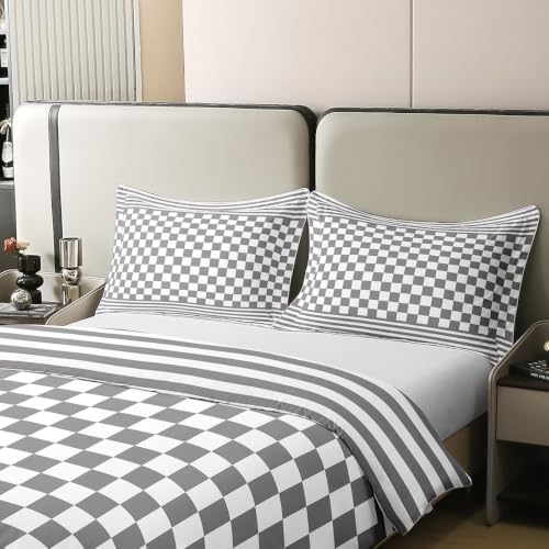 Erosebridal Striped Checkered 100% Cotton Duvet Cover with Zipper King